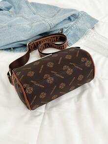 时尚中性字母印花 PU 纹理波士顿枕头包，休闲优雅长款单肩包， - 黑色 - 查看 4