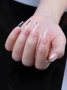 120pcs/Box Full Cover Fake Nails, Acrylic Manicure Supplies, Half Matte Seamless Nails, Transparent Short Almond Shape Nail Stickers - Clear - View 8