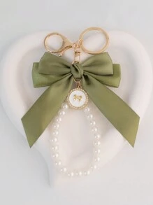 1 Elegant Faux Pearl And Bow Decoration Keychain Pendant With Creative Colorful Woven Ribbon Fabric Knot Accessories, Headphone And Mobile Bag Accessories