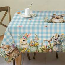 1pc Spring Easter Tablecloth, Blue/Powder Blue, Cute Rabbit, Easter Egg, Floral Print, Simple & Vibrant, Round/Rectangular, Home Tableware, Suitable For Living Room & Kitchen, Holiday Party Decor, Machine Washable