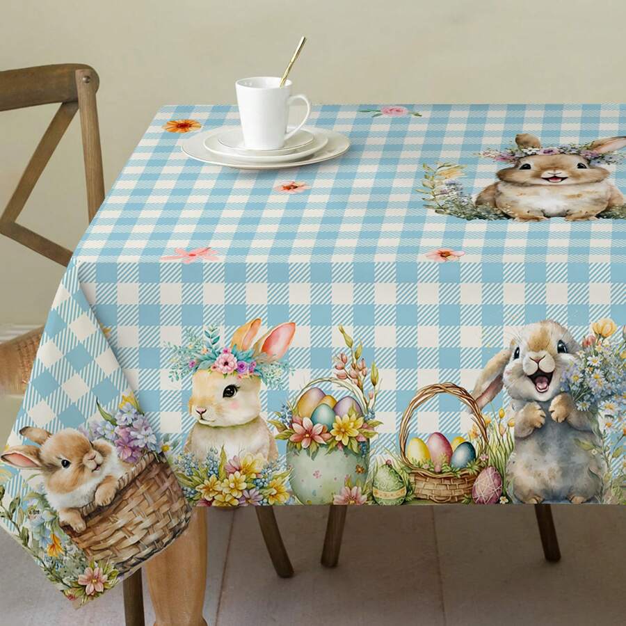 1pc Spring Easter Tablecloth, Blue/Powder Blue, Cute Rabbit, Easter Egg, Floral Print, Simple & Vibrant, Round/Rectangular, Home Tableware, Suitable For Living Room & Kitchen, Holiday Party Decor, Machine Washable