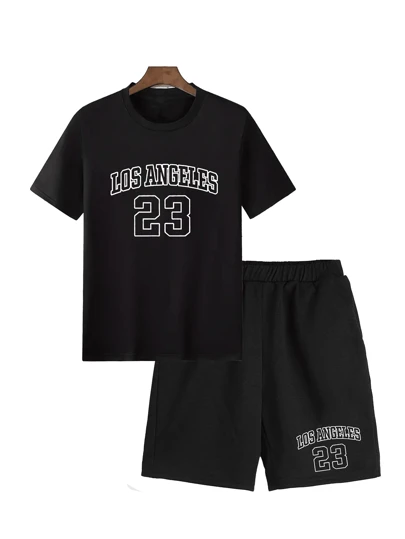 Verano nuevos hombres de algodón de color sólido de ocio letras y números impresos cuello redondo de manga corta pantalones cortos traje de camiseta