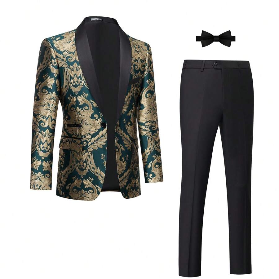 Traje de esmoquin para hombre, conjunto de 2 piezas de ajuste regular, chaqueta blazer con estampado floral, chaleco y pantalones, traje de hombre para boda y baile de graduación - Verde y Dorado - Verde y dorado - Ver 1