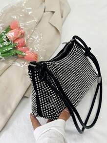 Small Size Rivet Decor Messenger Bag, Punk Style Rhinestone Embellished Roomy Shoulder Bag For Travel, Party And Other Occasions , Goth - Bright silver - View 8