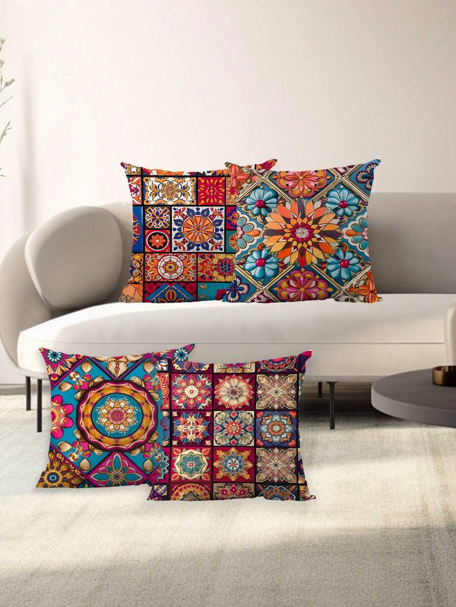 4件/1件 波西米亚风彩色印花超柔软毛绒枕套，适用于客厅、卧室、沙发、家居装饰、房间装饰，不含枕芯 - 彩色 - 查看 1