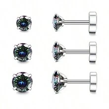 Bộ 3 đôi khuyên tai xoắn ốc Cubic Zirconia trang sức xỏ khuyên sụn cho nam nữ khuyên tai phẳng - Bạc - Xem 12