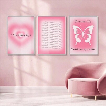 3pcs Decorative Painting Poster, Retro Gradient Wall Art Decoration Pink Halo Love Butterfly Belief Poster ,No Frame