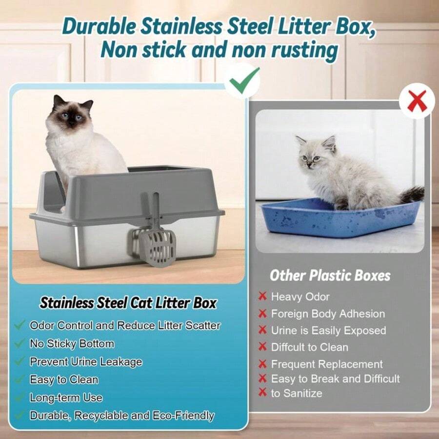 Anyask Enclosed Cat Litter Box Stainless Steel With Lid, XL Extra Large