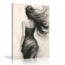 1 Piece Framed Woman Sketch Black And White Print, Wooden Figurative Art Canvas Charcoal Painting Poster, Suitable For Modern Living Room Bedroom Bathroom Toilet Hotel Apartment Villa Classroom Dormitory Home Office Wall Decoration Ready To Hang