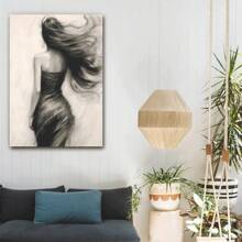 1 Piece Framed Woman Sketch Black And White Print, Wooden Figurative Art Canvas Charcoal Painting Poster, Suitable For Modern Living Room Bedroom Bathroom Toilet Hotel Apartment Villa Classroom Dormitory Home Office Wall Decoration Ready To Hang