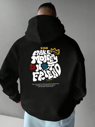 Boyfriend Style Men's New Hoodie, Casual Drawstring Hooded Sweatshirt With Cartoon Graphic, Slogan & Letter Print, Pouch Pocket, Versatile Top