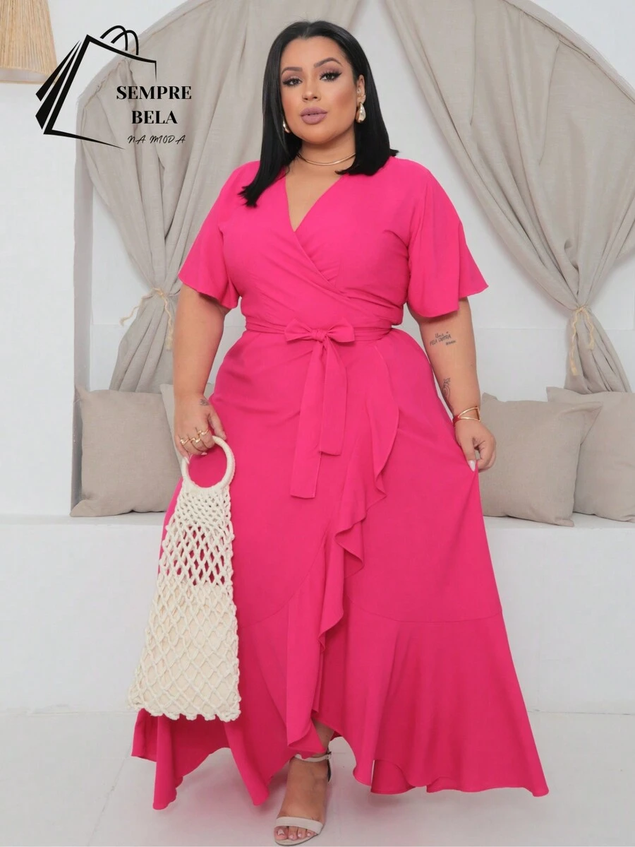 Plus Size Wrap Dress Long Short Sleeve Party  Madrina - Màu Hồng Tươi - Xem 1
