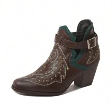 Women's Black White Brown Embroidered Cutout Western Ankle Booties – Buckle Strap Cowgirl Boots [Size Up Half Size] - 棕色 - 查看 2