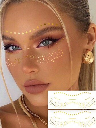 2 Pieces Combo Pack Metallic Golden Facial Decoration Painted Body Art Temporary Tattoo Stickers, Golden Freckles Patterns, Waterproof Fake Tattoo, Lasts 2-5 Days, Covering Scars,Can Be Used On Arms Wrist Shoulders Legs Waist Neck Hand Chest Thighs Finger Face, Suitable For Parties And Festivals