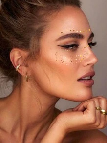 2 Pieces Combo Pack Metallic Golden Facial Decoration Painted Body Art Temporary Tattoo Stickers, Golden Freckles Patterns, Waterproof Fake Tattoo, Lasts 2-5 Days, Covering Scars,Can Be Used On Arms Wrist Shoulders Legs Waist Neck Hand Chest Thighs Finger Face, Suitable For Parties And Festivals