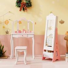 Lifezeal Kids Vanity Set Princess Makeup Dressing Table & Chair Set With Jewelry Armoire White/Pink - White - View 2