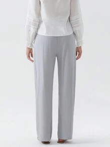 Women Loose Linen Pants Solid Color Drawstring High Waist Trousers With Pockets For Spring Summer Daily Streetwear - Grey - View 7