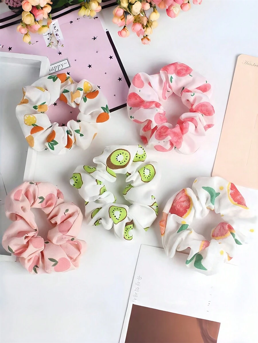 5 件套女士甜美可爱水果图案大蝴蝶结布质发圈，夏季简约百搭发饰，多巴胺清新马尾发带休闲马尾辫发夹