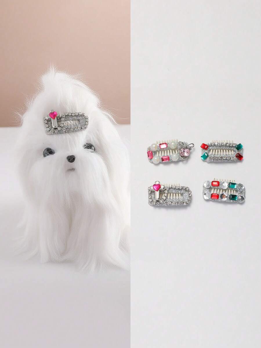 4 件装奢华水钻仿珍珠十字宠物发夹，坚固轻巧，适合宠物日常美容、圣诞派对、户外拍照，时尚可爱的宠物发饰 - 彩色 - 查看 1