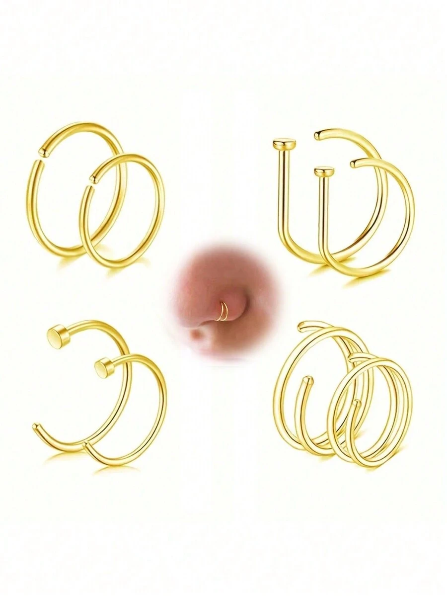 AVYRING 8 件金色银色不锈钢鼻环简约经典风格男女通用 D 形环形鼻环非常适合情侣日常佩戴 - 彩色 - 查看 1