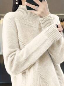 大码立领长袖纯色简约休闲套头毛衣，春季/冬季女装秋季上衣，优雅女式衬衫，假日女装，白色上衣 - 米色 - 查看 5