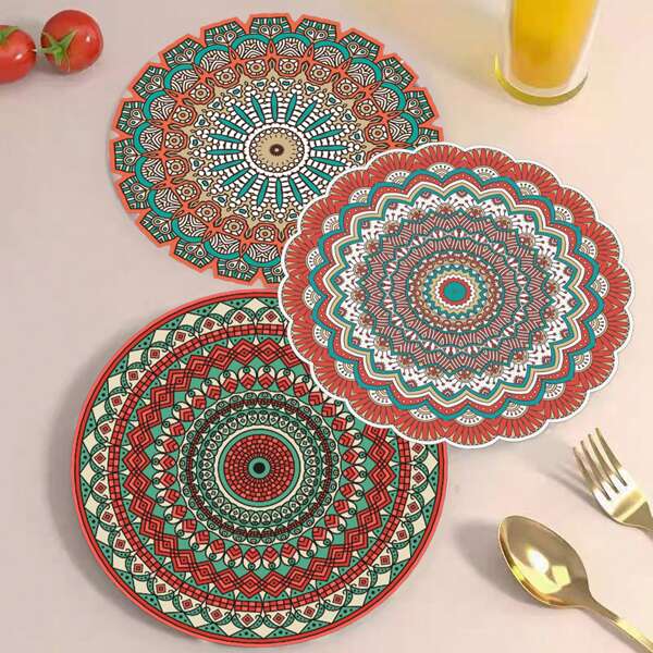 1 Stück Platzset im Bohemien-Stil aus Leder, ölgemaltes rundes Leder Platzset, polygonales westliches Platzset, hitzebeständig und ölfest