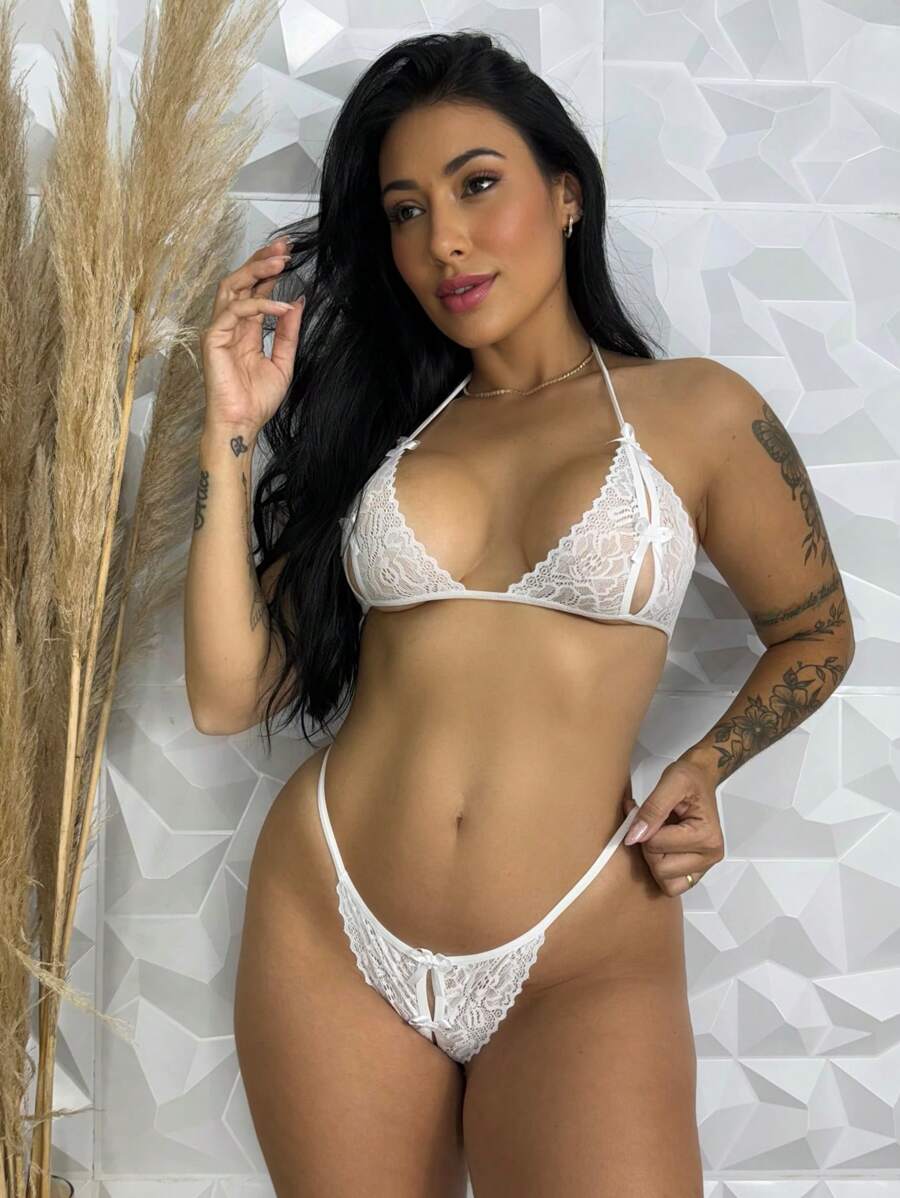 Apressadinha Women's Set Lace Lingerie Bra And Thong SexShop Intimate Fashion Erotic Line - 白色 - 查看 1