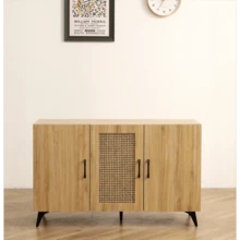 Three-Door Cabinet With Natural Rattan Mesh - Large Storage Space Kitchen Storage Cabinet.Stable And Durable Structure Perfect For Living Rooms Or Restaurants 45.3inch