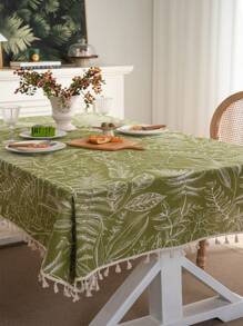 MeijiaMo 1pc Green Leaf Print Rectangular Tablecloth, Bohemian Pastoral Style With Beige Tassel Dust-Proof Home Decor Table Runner, Suitable For Hotel Bedroom Living Room Coffee Table Kitchen Dining Room Dining Table Outdoor Party Holiday Decoration, All Seasons - Green - View 10