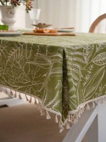 MeijiaMo 1pc Green Leaf Print Rectangular Tablecloth, Bohemian Pastoral Style With Beige Tassel Dust-Proof Home Decor Table Runner, Suitable For Hotel Bedroom Living Room Coffee Table Kitchen Dining Room Dining Table Outdoor Party Holiday Decoration, All Seasons - Green - View 2