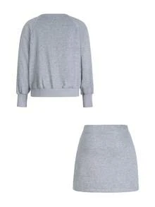 2pcs Solid Color Casual Women Long Sleeve Sweatshirt And Mini Skirt Set - Grey - View 6