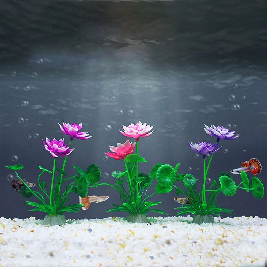 3 cái/Mới Bể cá mô phỏng hoa sen và lá sen trang trí cảnh quan, Cây mô phỏng cảnh quan nước hồ cá, Cây thủy sinh mô phỏng cá ẩn núp/chơi đùa/sinh sản - Nhiều màu - Xem 1
