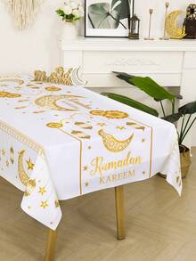 1 件 140*180 厘米斋月开斋节风格桌布，月亮和星星图案，涤纶材质，非常适合装饰斋月派对桌子和房间 - 白色金色 - 查看 3