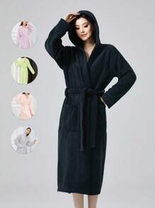 1pc Autumn/Winter Thermal Lined V-Neck Long Cardigan Robe, Coral Fleece Lined Long Sleeve With Pockets Casual Plush Robe, Women Sleepwear