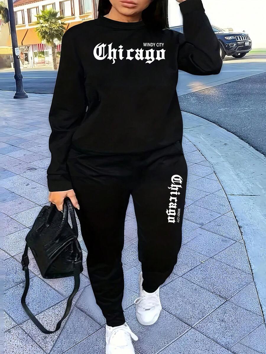 Bộ đồ thể thao thường ngày hai mảnh Chicago dành cho nữ, mùa thu và đông - màu đen - Xem 1