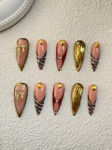 Pure Handmade Nail 10 Pieces High-Heeled Nail Type Hand-Painted French Zebra Pattern Three-Dimensional Modelling Glue Sunglasses Pink Bow With Sweater Fashion Versatile Can Be Given To Friends And Best Friend Birthday Holiday Gift Press On Nails
