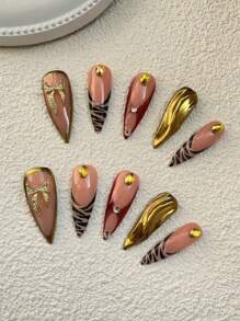 Pure Handmade Nail 10 Pieces High-Heeled Nail Type Hand-Painted French Zebra Pattern Three-Dimensional Modelling Glue Sunglasses Pink Bow With Sweater Fashion Versatile Can Be Given To Friends And Best Friend Birthday Holiday Gift Press On Nails