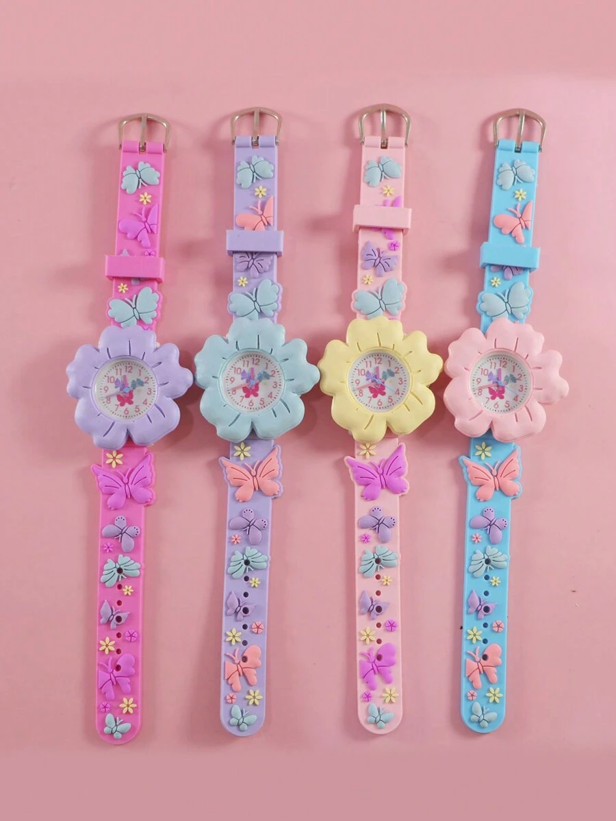 Cute Cartoon Design Wrist Watch, Fashion Flower & Butterfly Pattern, 3D Kids/Children Quartz Analog Watch For Recognizing Time, Gift