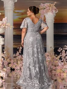 Faeriesty Mosy Plus Floral Embroidered Surplice Neck Formal Mother Of The Bride Dress - Grey - View 3