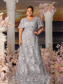 Faeriesty Mosy Plus Floral Embroidered Surplice Neck Formal Mother Of The Bride Dress - Grey - View 5