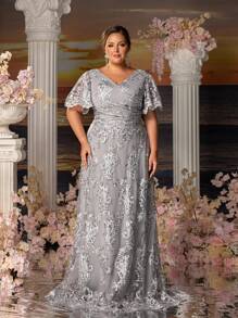 Faeriesty Mosy Plus Floral Embroidered Surplice Neck Formal Mother Of The Bride Dress - Grey - View 2