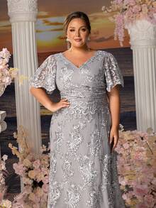 Faeriesty Mosy Plus Floral Embroidered Surplice Neck Formal Mother Of The Bride Dress - Grey - View 6