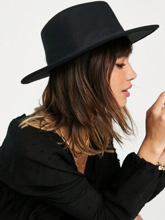 1pc Women Black Flat Top Hat Solid Color Jazz Hat Elegant British Style Round Formal Hat For Performance & Everyday Use