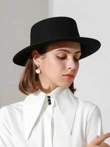 1pc Women Black Flat Top Hat Solid Color Jazz Hat Elegant British Style Round Formal Hat For Performance & Everyday Use