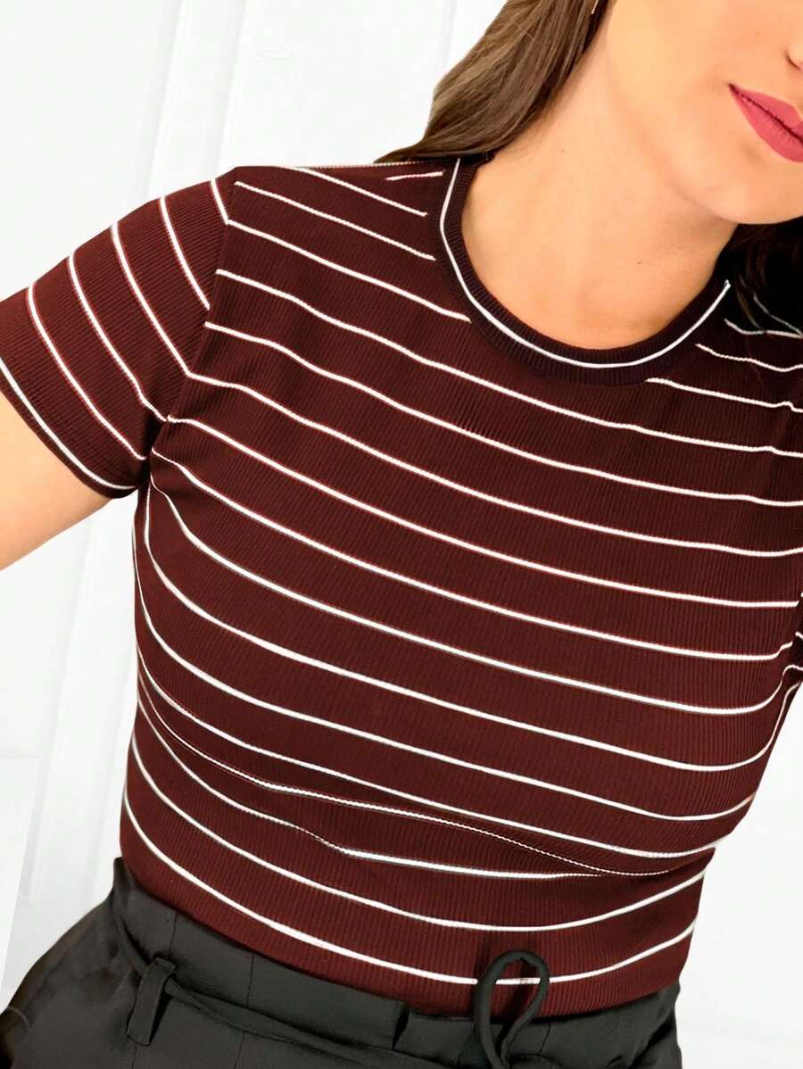 K&K FASHION Basic Ribbed Striped T-Shirt - Dark Brown - View 1