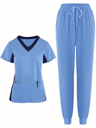 Women's Nursing Scrub Uniform Outfit, Including Workout Running Pants And Mesh Breathable Long Sleeve Top With Pockets And Contrast Trim