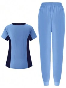 Women's Nursing Scrub Uniform Outfit, Including Workout Running Pants And Mesh Breathable Long Sleeve Top With Pockets And Contrast Trim Spring - Blue - View 2