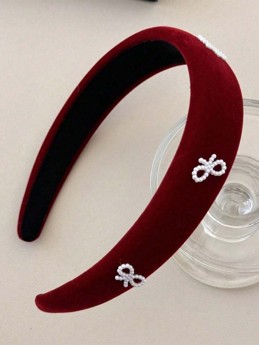 1pc Elegant Velvet Headband With Pearl Bow Decor, Suitable For Washing Face, Makeup, Daily, Evening Party And Holiday Celebration In Autumn & Winter
