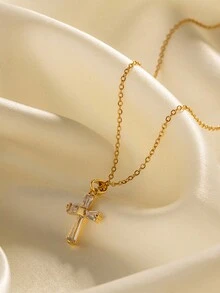 Nooxian 1 Stück modischer minimalistischer Edelstahl Kreuzanhänger mit goldfarbener Vergoldung und kubischem Zirkonia für Frauen - Goldgelb - Übersicht 2