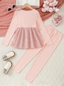 2 件女孩串珠流苏拼接优雅上衣和纯色打底裤套装，适合春秋季节 - 粉色 - 查看 2